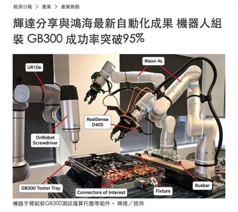 英伟达与鸿海展示自动化成果，机器人组装 GB300 的母线成功率超 95%